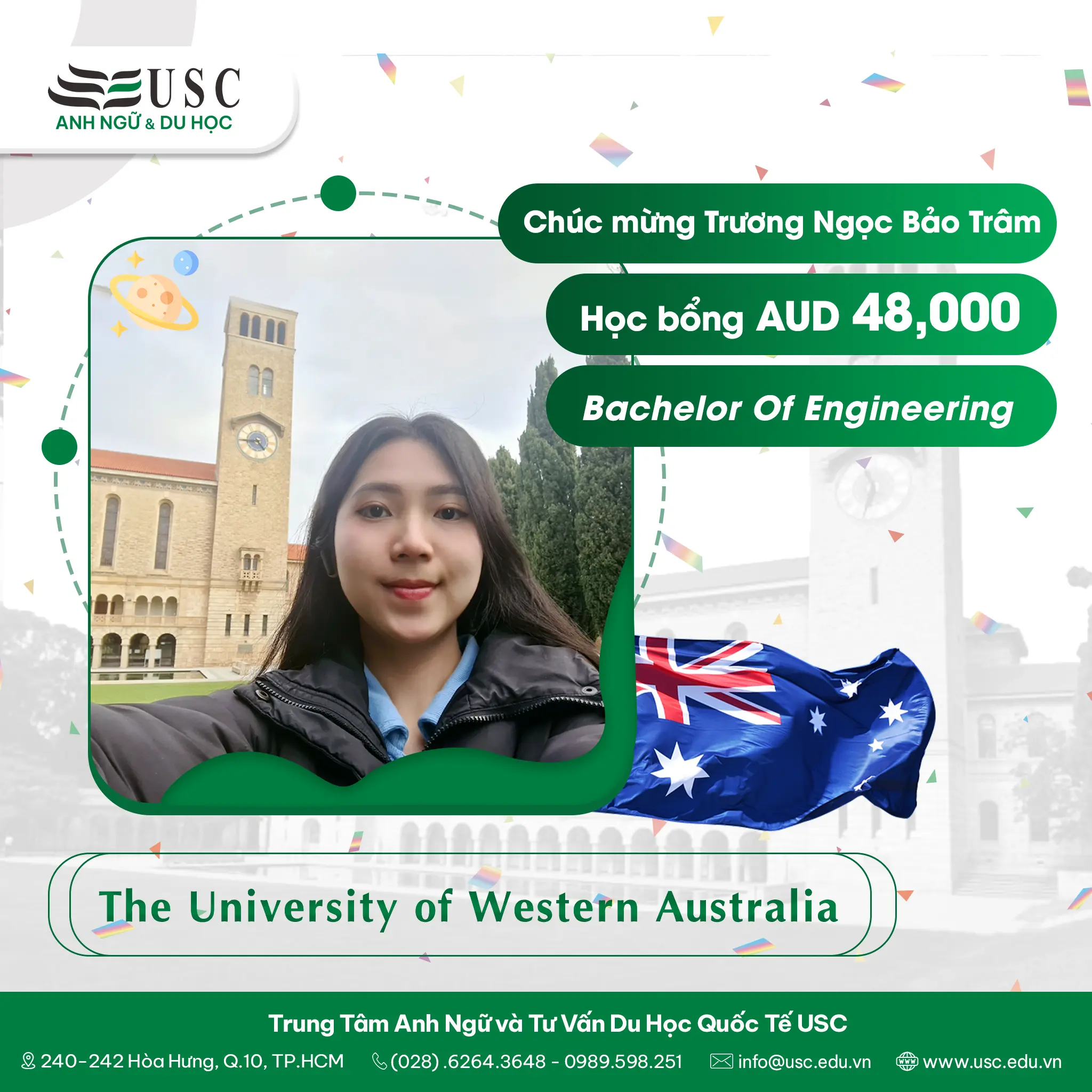 CHÚC MỪNG TRƯƠNG NGỌC BẢO TRÂM NHẬN HỌC BỔNG AUD 48,000 TỪ TRƯỜNG THE UNIVERSITY OF WESTERN AUSTRALIA, ÚC